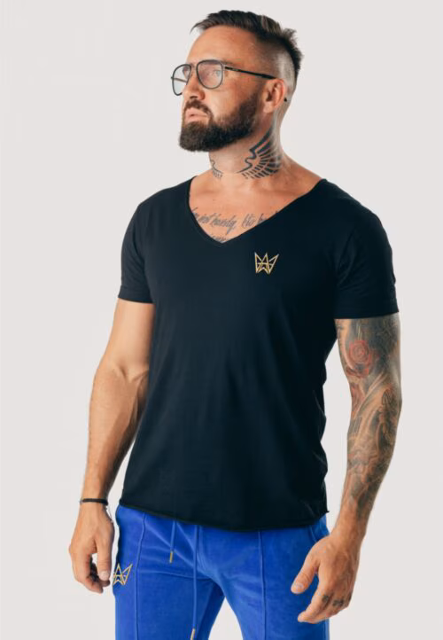 Koszulka Deepneck z krótkim rękawem w kolorze czarnym ze złota haftowaną koroną.