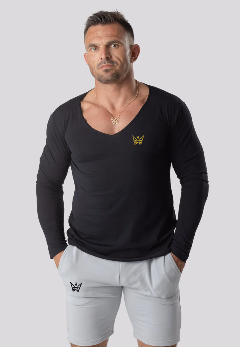 Koszulka Deepneck z długim rękawem w kolorze czarnym ze złotą haftowaną koroną.