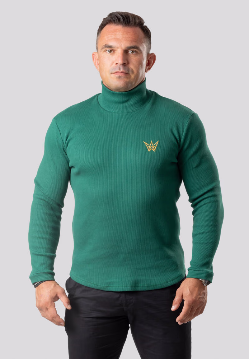 Sweter Golf Z Długim Rękawem Prążkowany Zielony Butelkowy