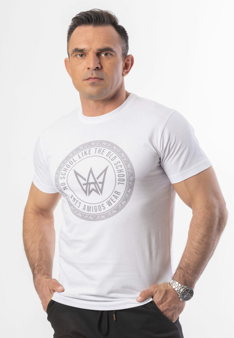 BIAŁY T-SHIRT BASIC SLIMFIT Z SZARYM NADRUKIEM