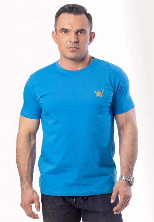 Koszulka Paco Slim Fit z krótkim rękawem w kolorze niebieskim ze złotą haftowaną koroną.