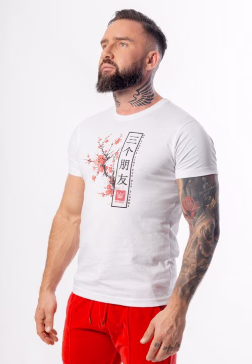 Koszulka Basic Slim Fit Kwiat Wiśni z krótkim rękawem w kolorze białym.