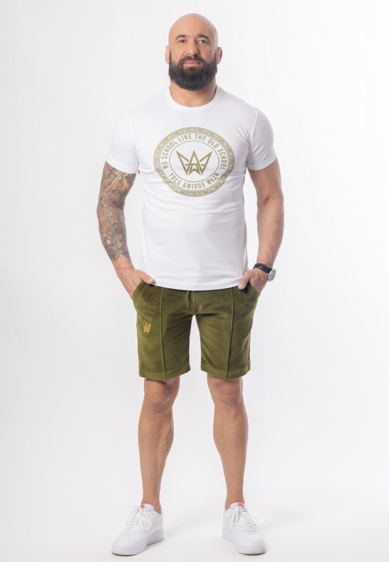 Biały T-Shirt Basic Slimfit Z Oliwkowym Nadrukiem