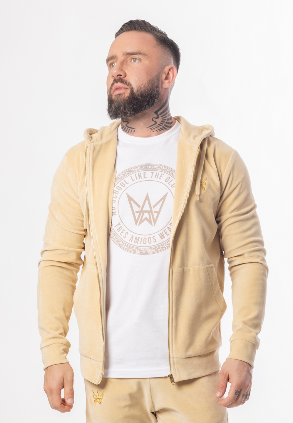 BLUZA Z KAPTUREM ROZSUWANA WELUROWA KREMOWA