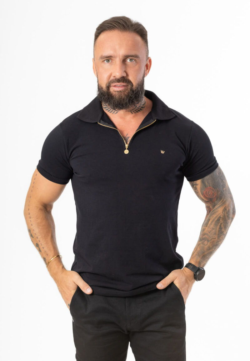 Koszulka Krótka Zipneck Czarna - Korona Mosiądz Pozłacany