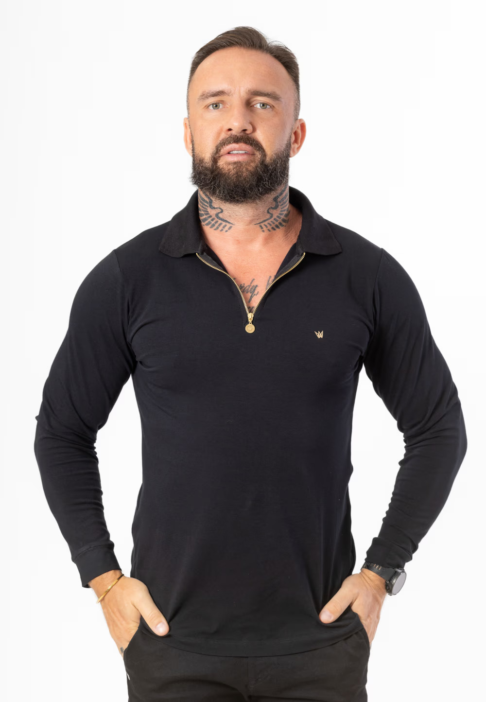 Longsleeve Zipneck Czarny - Korona Mosiądz Pozłacany