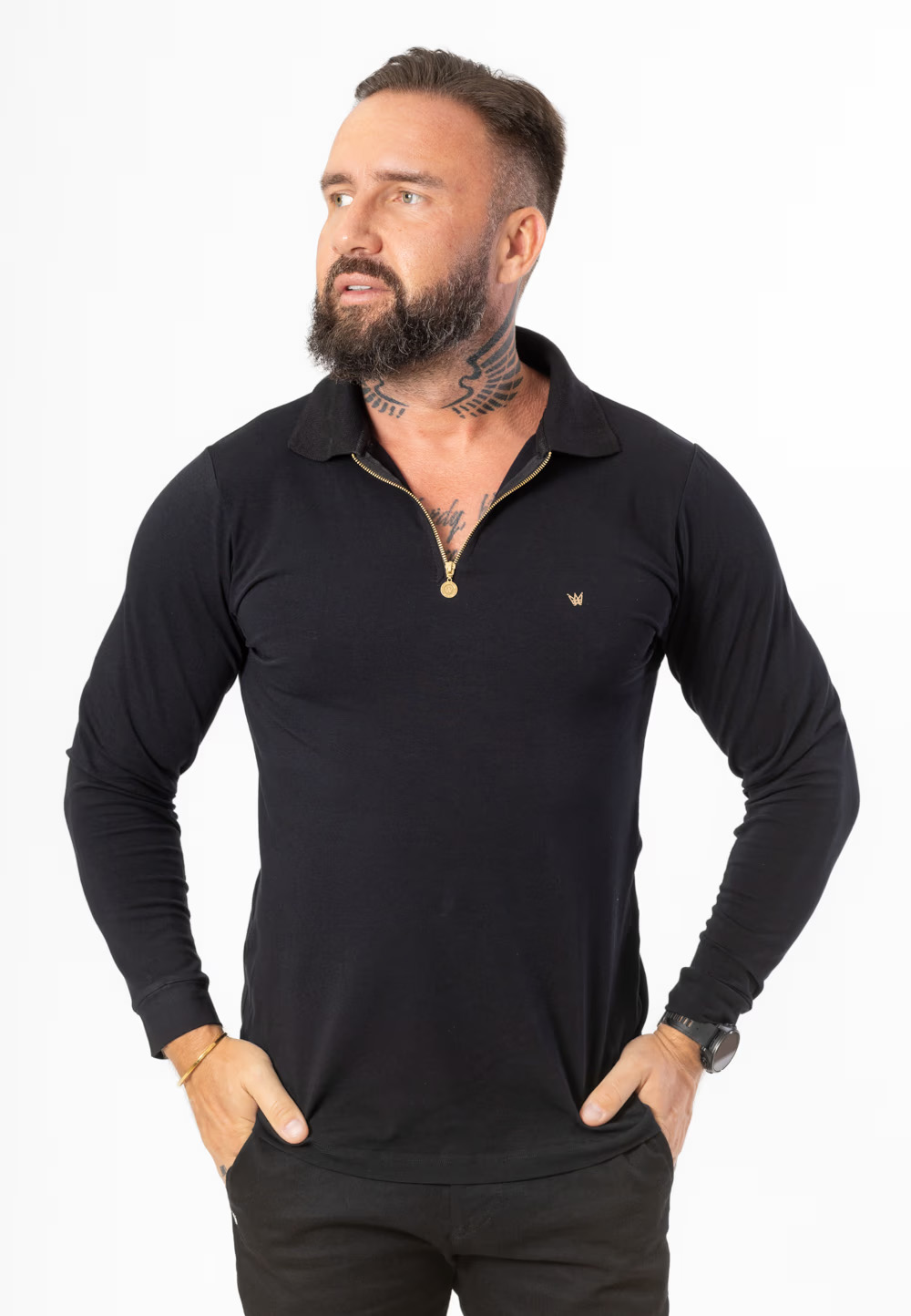 Longsleeve Zipneck Czarny - Korona Mosiądz Pozłacany