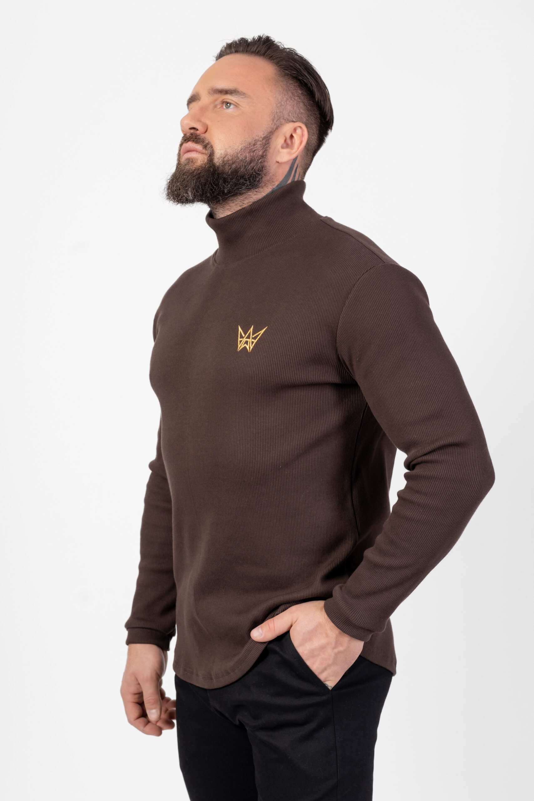 Sweter Golf Z Długim Rękawem Prążkowany Brązowy