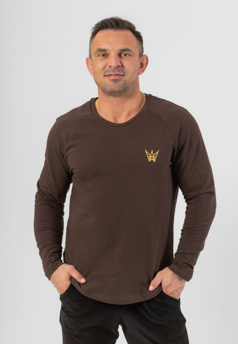 Bluza męska typu longsleeve w kolorze czekoladowym, z raglanowymi rękawami.