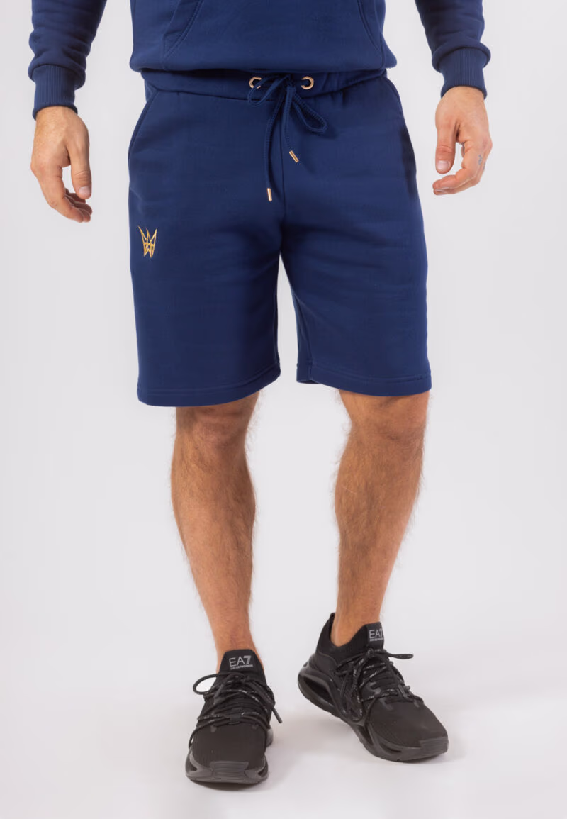 Krótkie spodenki bawełniane w kolorze granatowym ze złotą haftowaną koroną