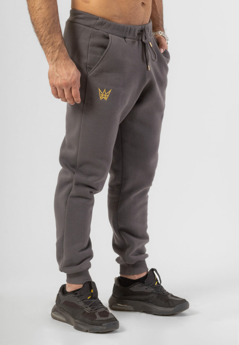 Dresowe spodnie bawełniane w kolorze szarym ze złotą haftowaną koroną.