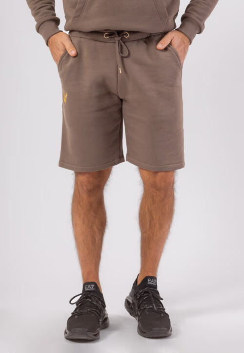 Krótkie spodenki bawełniane w kolorze brązowym ze złotą haftowaną koroną