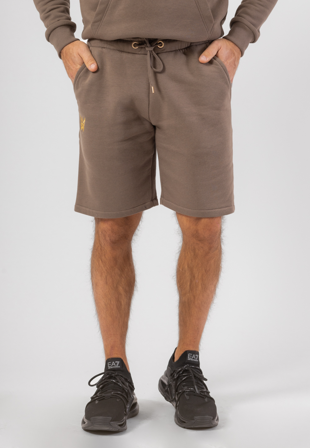 Krótkie spodenki bawełniane w kolorze brązowym ze złotą haftowaną koroną