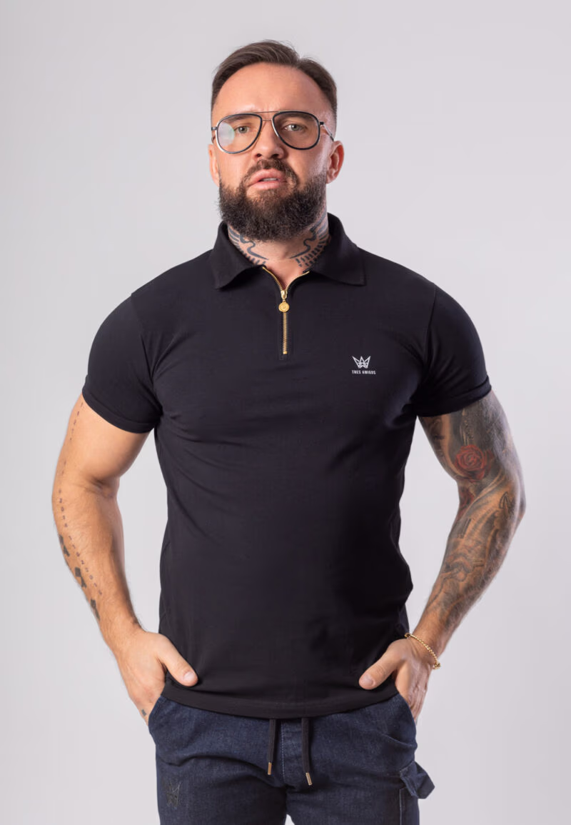 Koszulka Zipneck z krótkim rękawem w kolorze czarnym ze srebrną drukowaną koroną.