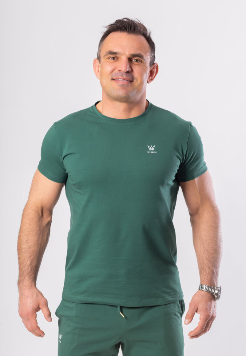 Koszulka Paco Slim z krótkim rękawem w kolorze butelkowej zieleni z szarą drukowaną koroną.